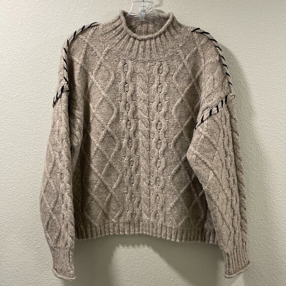 GREIGE NWT Cable Knit Whip Stitch Tweed Long Sleeve Pullover Sweater Tan L - Picture 2 of 8